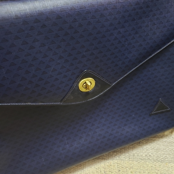 VINTAGE LIZ CLAIBORNE Blue Leather Trim Turnlock Briefcase Messenger Bag - Picture 2 of 16